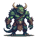 A formidable reptilian warrior snarls menacingly in this pixel art image, showcasing its muscular frame and battle-worn armor. The creature's glowing eyes and detailed features evoke a sense of primordial power.