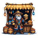 This pixel art image depicts a friendly, fair-skinned vendor with a white beard, dressed in a detailed red and blue coat, holding a bowl of spice at his bustling market stall.