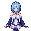 This pixel art portrait depicts a cute, blue-haired maid with a melancholic expression, rendered in a nostalgic, 8-bit style. Her elaborate white and dark blue outfit pops against the solid purple background, highlighting her as the focal point.