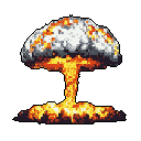 This pixel art depicts a towering mushroom cloud, a chilling testament to immense destructive power, rendered in fiery hues against a stark black backdrop. The image captures the ominous and awe-inspiring nature of a catastrophic explosion.
