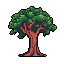 This pixel art image features a solitary, stylized tree with a full canopy rendered in earthy browns and greens. The simple design focuses on the iconic form of the tree, creating a sense of quiet isolation.