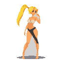 This pixel art features a confident blonde character in a two-piece outfit, striking a playful pose with a hand raised to her mouth. Her warm color palette and inviting expression create a charming and possibly alluring mood.