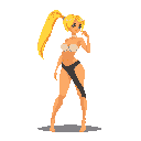This pixel art features a blonde, bikini-clad woman striking a playful pose. With a coy expression and a simple color palette, the artwork evokes a summer vibe despite the stark black background.