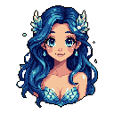 This pixel art portrait captures a serene mermaid-like character with flowing blue hair adorned with crystalline accents. Her gentle expression and shimmering scales evoke a sense of enchantment.