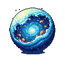 This pixel art showcases a mesmerizing, swirling orb containing a miniature galaxy or watery vortex populated by tiny orange fish. The vibrant sphere, radiating with cosmic energy, appears to float against a stark black background, evoking a sense of wonder and contained power.