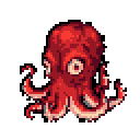 This vibrant pixel art features a dynamic red octopus with splayed tentacles and an alert expression. The creature's rich colors and implied movement create an energetic, yet isolated, feel.
