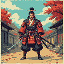 A pixel art samurai stands ready in an autumnal street, his red and black armor contrasting against the traditional Japanese buildings. His drawn katana and stern expression hint at a moment of tense stillness.