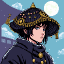 This pixel art portrait showcases a contemplative, anime-inspired character with striking blue eyes and elaborate gold headwear. Set against a nighttime backdrop with a full moon and hints of East Asian architecture, the image evokes a serene and slightly mysterious atmosphere.