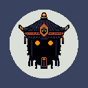 This pixel art depicts a mysterious, temple-like entity with glowing orange eyes, its dark form adorned with an ornate, multi-tiered roof. The design blends ominousness with a hint of ancient serenity.