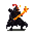 A dark, armored warrior brandishes a fiery sword in this pixel art image, their dynamic pose radiating power and danger. The vibrant flames sharply contrast against the shadowy figure, creating a striking and ominous visual.