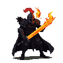 A formidable knight in dark armor brandishes a flaming sword, its vibrant light cutting through the darkness. The pixel art figure exudes power and danger, a striking embodiment of fantasy mystique.