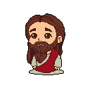 This pixel art presents a chibi-style Jesus with a gentle, contemplative expression. The iconic figure, draped in a red robe, stands alone, evoking a sense of quiet solemnity.
