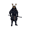 A stoic pixel art samurai stands ready, his dark armor accented by a menacing golden mask and helmet crests against a stark black background. The low-resolution style evokes a sense of retro strength and disciplined power.