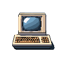 This pixel art image showcases a vintage all-in-one computer with a CRT monitor and QWERTY keyboard, rendered in a nostalgic, isometric style. The muted color palette and clean pixel rendering evoke a sense of retro technology.