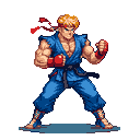 This pixel art captures Ken Masters in a classic fighting stance, radiating retro arcade energy. The iconic Street Fighter is poised and ready for action, his determined expression and vibrant colors bringing the beloved character to life.