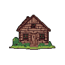 This pixel art depicts a solitary, rustic log cabin with a slightly ajar door and dark windows, nestled amidst patches of green foliage. The earthy tones and simple details evoke a feeling of quiet solitude and enduring charm.