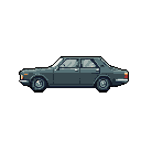A pixel art side view showcases a dark grey sedan, its simple design highlighted by subtle chrome trim and brake lights. The focus is entirely on the car itself, rendered in a muted, monochromatic style.