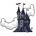A foreboding pixel art castle, with glowing windows and a red door, stands tall amidst ominous clouds and silhouetted birds. Its dark towers and rocky perch evoke a sense of mystery and gothic intrigue.
