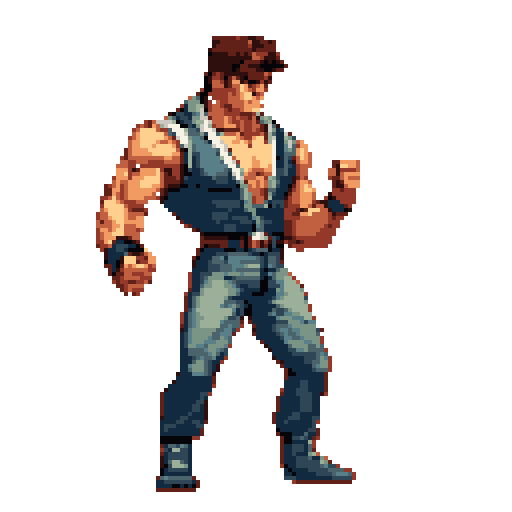 A muscular, brown-haired fighter in a blue vest and jeans stands ready for action in this pixel art portrait. The character's stern expression and fighting stance evoke classic arcade vibes.