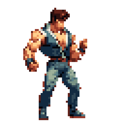 A muscular, pixelated fighter stands ready for action, his confident stance and clenched fist evoking classic arcade battles. Clad in blue and brown, this hero exudes strength and nostalgia.