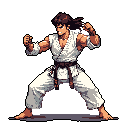 A pixel art martial artist in a ready stance, gi and brown belt suggesting skill, is poised for action against a stark black backdrop. His intense focus and defensive posture imply an imminent challenge.