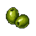Two stylized, pitted pixel art olives, rendered in shades of green, are showcased against a stark black backdrop. The simple composition focuses on the details of the olives, highlighting their form and texture.