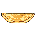 A warm, inviting pixel art image showcases a folded crêpe in delicious shades of yellow and brown. The simple composition highlights the pastry's texture and potential fillings against a stark black background.
