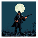A lone, watchful frontiersman stands armed under a luminous full moon, his silhouette stark against a desolate, nocturnal landscape. His posture suggests readiness, hinting at mystery and foreboding in the pixelated night.
