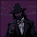 This pixel art portrait features a mysterious, dark-suited man with intensely glowing red eyes, holding a firearm under a starry night sky. The image evokes a sense of supernatural noir, hinting at a powerful and potentially dangerous figure.
