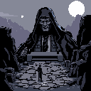 A lone figure confronts a colossal, grim-faced being in a dark suit and hood, dwarfed by its immense scale in a desolate, mountainous landscape. The pixel art captures a moment of ominous tension and the stark contrast between vulnerability and overwhelming power.