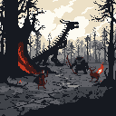 A fierce battle unfolds between two warriors wielding red-glowing weapons, set against the ominous silhouette of a massive black dragon. The pixelated art style evokes a retro fantasy adventure.