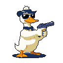 This pixel art features a cool and quirky anthropomorphic duck, armed with a revolver and sporting sunglasses and a tie, striking a pose that blends humor with a hint of menace.