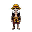This pixel art portrait captures Monkey D. Luffy's cheerful energy with his iconic straw hat and grin. The vibrant colors and simple style bring a retro feel to this recognizable character.