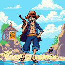 Pixel art depicts Monkey D. Luffy from "One Piece" in a determined pose on a sandy beach, weapon over his shoulder. The image captures the series' adventurous spirit with vibrant colors and a tropical island backdrop.