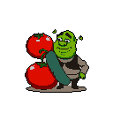 Pixel art Shrek tends his oversized garden, inspecting a cucumber and two plump tomatoes. The humorous scene features vibrant colors and a focus on the ogre's peculiar interaction with his produce.