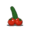 This pixel art playfully depicts a suggestive arrangement of vegetables, featuring a cucumber positioned behind two tomato "testicles" against a stark black background. The simple composition and naturalistic colors of the vegetables add to the image's quirky and humorous vibe.