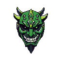 This pixel art showcases a menacing oni mask with glowing green accents and sharp details. The stylized demon face, complete with a toothy grin and piercing eyes, evokes a sense of ancient folklore and digital artistry. Its bold design and striking color palette create a captivating and slightly sinister image.