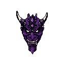 This pixel art image showcases a menacing, purple-skinned oni head with piercing white eyes and sharp horns, its aggressive expression and intricate markings creating a powerful, gothic vibe.
