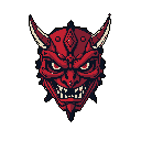 This pixel art image depicts a fearsome oni mask with sharp teeth, glowing eyes, and prominent horns, rendered in a striking red and black palette. The menacing expression and intricate details of the mask create an intense and powerful vibe.