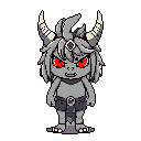 A fierce, pixelated monster with glowing red eyes and prominent horns stands ready for battle. This stocky, childlike creature with jagged hair and clenched fists exudes an ominous presence.