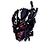 This pixel art headshot features a menacing, helmeted figure with glowing red eyes, their intense gaze hinting at a dark and vigilant nature. The sharp armor and somber color palette amplify the character's ominous presence.