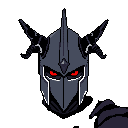 A formidable, pixelated dark knight dominates the scene with glowing red eyes piercing through the slits of his sharp, horned helmet. Twin swords sheathed behind him hint at the power and danger he embodies.