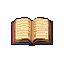 This pixel art depicts an open book, rendered in warm, earthy tones against a black background, inviting viewers to contemplate its aged pages and implied wisdom. The classic color palette and subtle details evoke a sense of quiet contemplation and perhaps a touch of ancient knowledge.