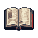 This pixel art image features an open, aged book with detailed text and illustrations, inviting a sense of quiet contemplation and intellectual curiosity. The book's muted color palette and classic art style evoke a feeling of nostalgia and vintage charm.