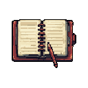 A worn, reddish-brown leather journal with a matching pen rests open, its aged pages hinting at stories and adventures recorded within. This pixel art piece evokes a sense of nostalgia and quiet contemplation, portraying a cherished tool for thought and record-keeping.