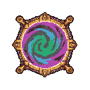 A swirling, colorful vortex of magical energy is contained within an ornate, hexagonal metallic frame, creating a pixel art portal. The image evokes a sense of mystery and ancient power, hinting at a gateway to another dimension.