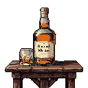 This pixel art showcases a bottle of amber whiskey and a filled tumbler glass, resting on a rustic wooden table. The warm, muted tones and simple composition evoke a feeling of quiet indulgence and nostalgic charm.