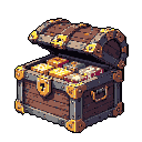 A weathered wooden treasure chest overflows with glittering gold bars, coins, and jewels. The pixel art image captures the excitement of discovering a hidden hoard.