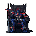 Pixel art depicts a regal Optimus Prime seated on a dark throne, a large sword leaning beside him. The image conveys a sense of power and authority through its detailed pixel work and imposing composition.