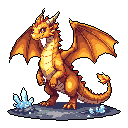 A curious young pixel art dragon stands among glowing crystals, its friendly expression and vibrant colors creating a cheerful and whimsical scene.